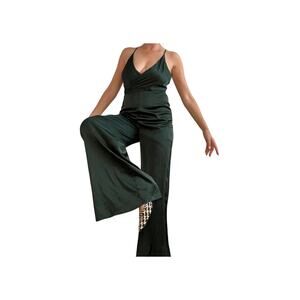 Forest Green Satin Romper Pantsuit – Size M